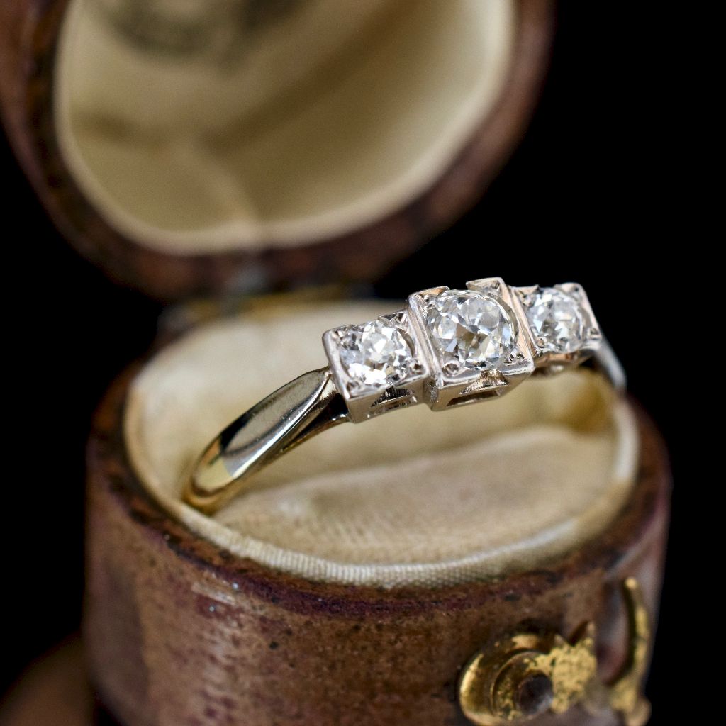 Antique 18ct Gold Old Mine Cut Diamond Trilogy Ring Circa 1930’s