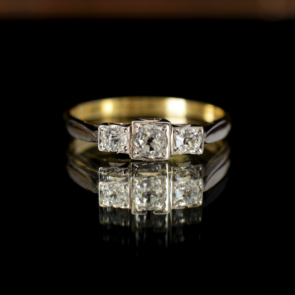 Antique 18ct Gold Old Mine Cut Diamond Trilogy Ring Circa 1930’s