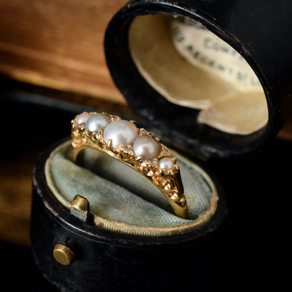 Antique 18ct Yellow Gold Natural Pearl And Diamond Half Hoop 1910