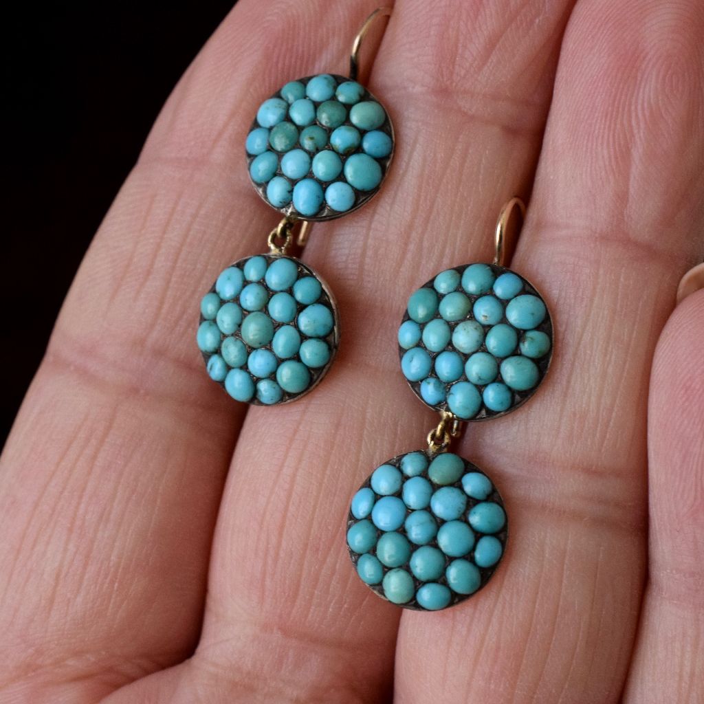 Antique Victorian Double Drop Turquoise 9ct Gold Earrings Circa 1870
