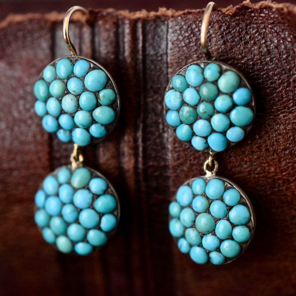 Antique Victorian Double Drop Turquoise 9ct Gold Earrings Circa 1870