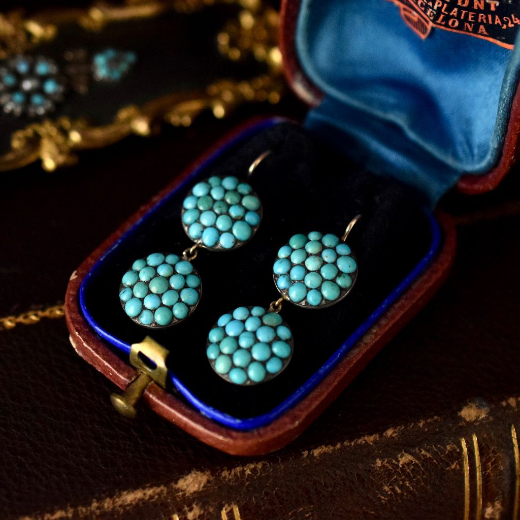 Antique Victorian Double Drop Turquoise 9ct Gold Earrings Circa 1870