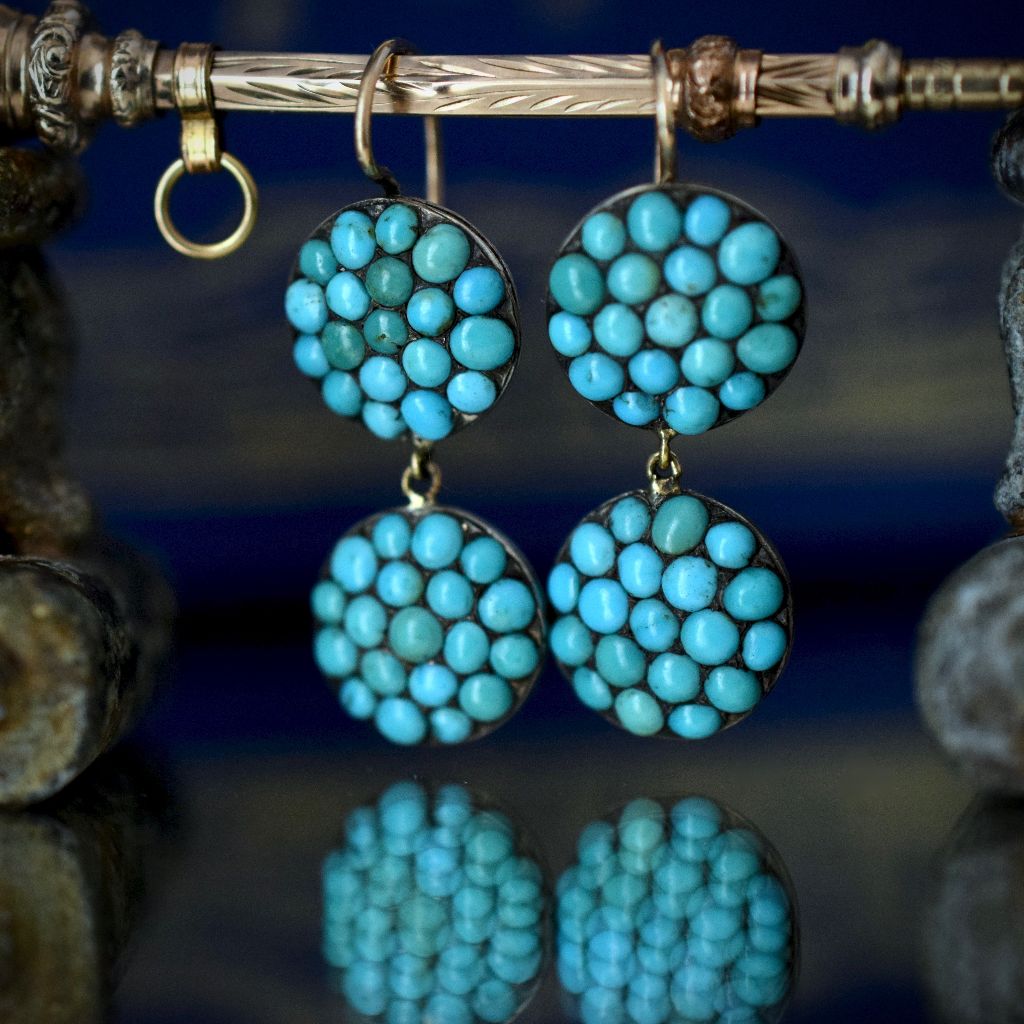 Antique Victorian Double Drop Turquoise 9ct Gold Earrings Circa 1870