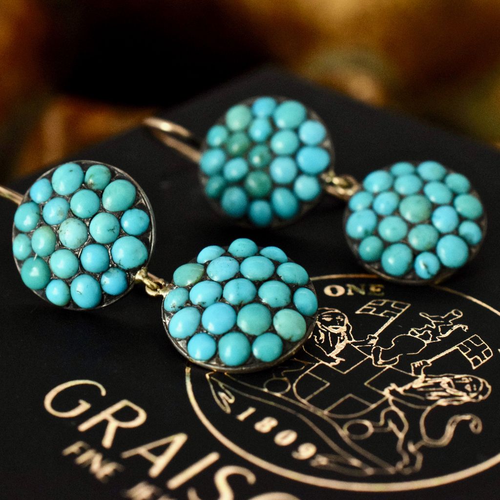 Antique Victorian Double Drop Turquoise 9ct Gold Earrings Circa 1870