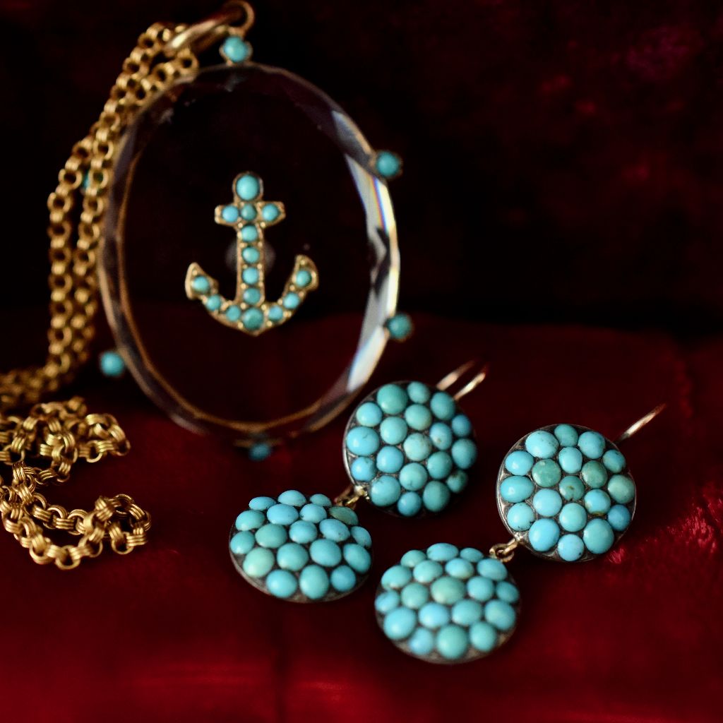 Antique Victorian Double Drop Turquoise 9ct Gold Earrings Circa 1870