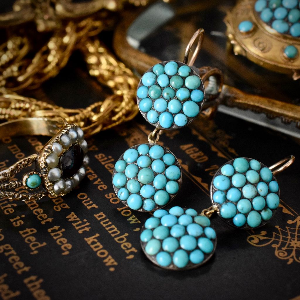 Antique Victorian Double Drop Turquoise 9ct Gold Earrings Circa 1870