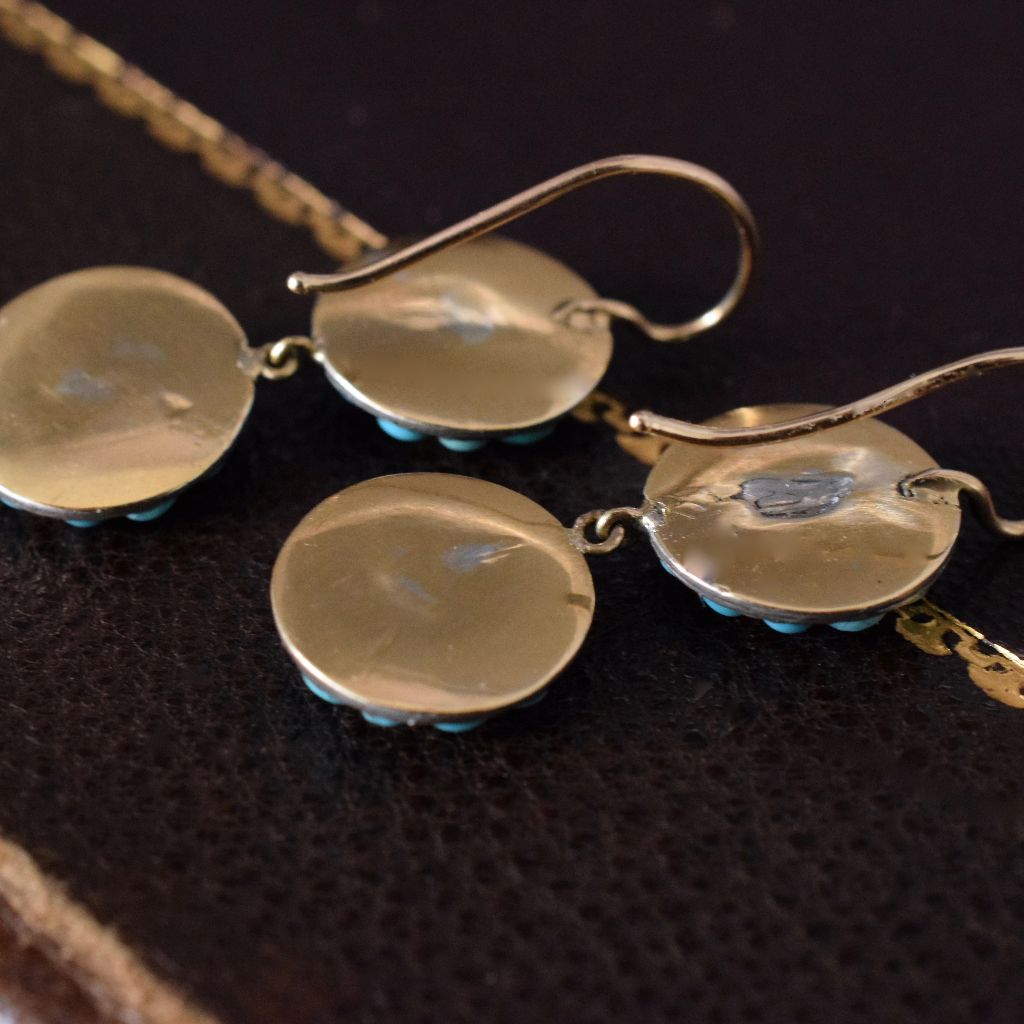 Antique Victorian Double Drop Turquoise 9ct Gold Earrings Circa 1870