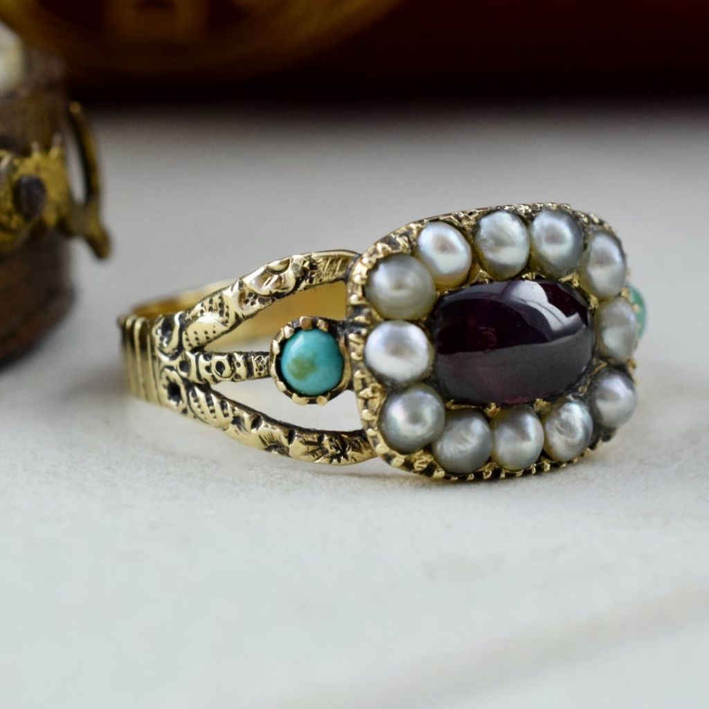 Antique Georgian 15ct Garnet, Seed Pearl, Turquoise Ring Circa 1820