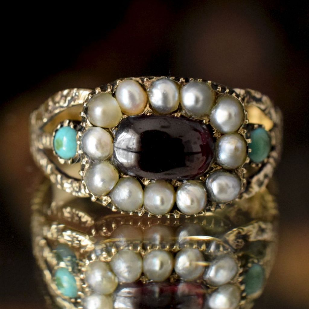 Antique Georgian 15ct Garnet, Seed Pearl, Turquoise Ring Circa 1820