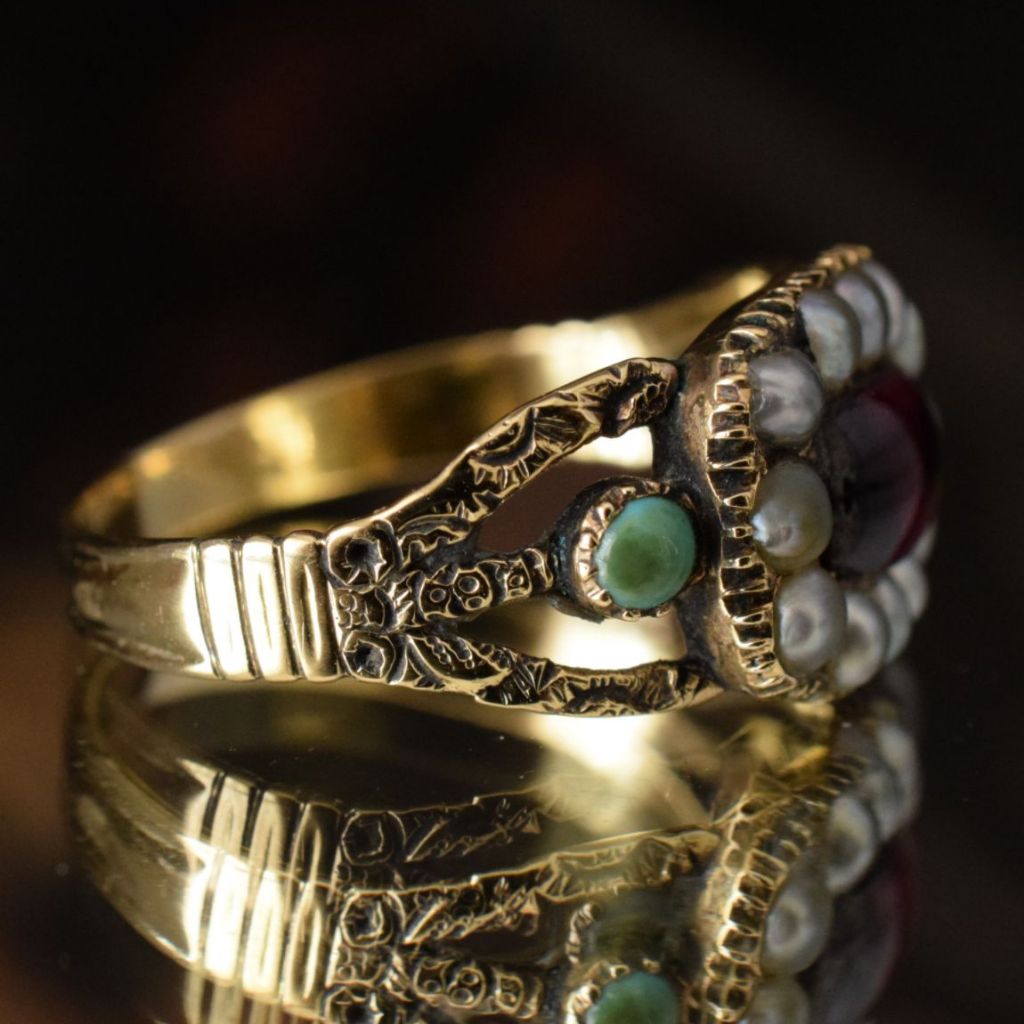 Antique Georgian 15ct Garnet, Seed Pearl, Turquoise Ring Circa 1820