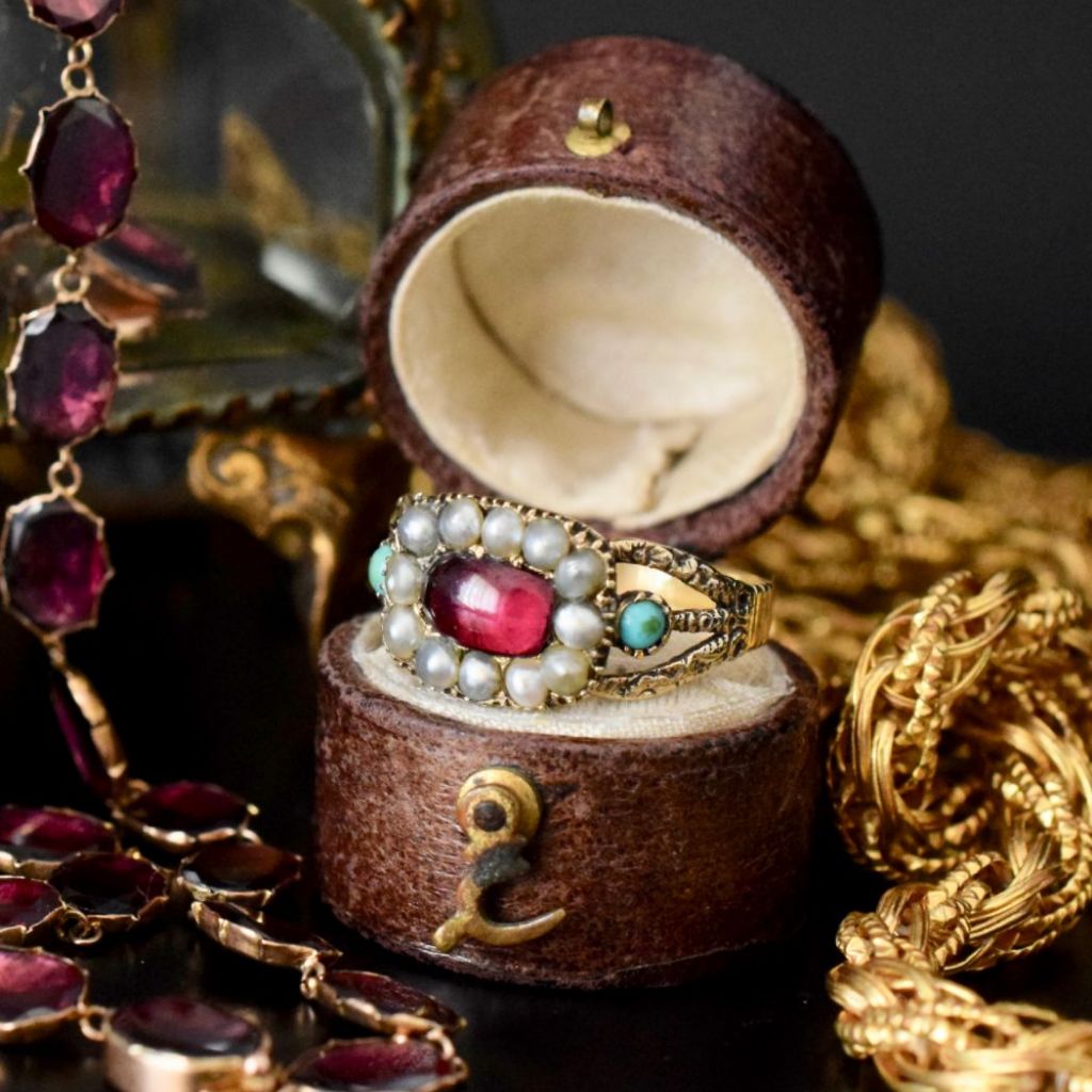 Antique Georgian 15ct Garnet, Seed Pearl, Turquoise Ring Circa 1820