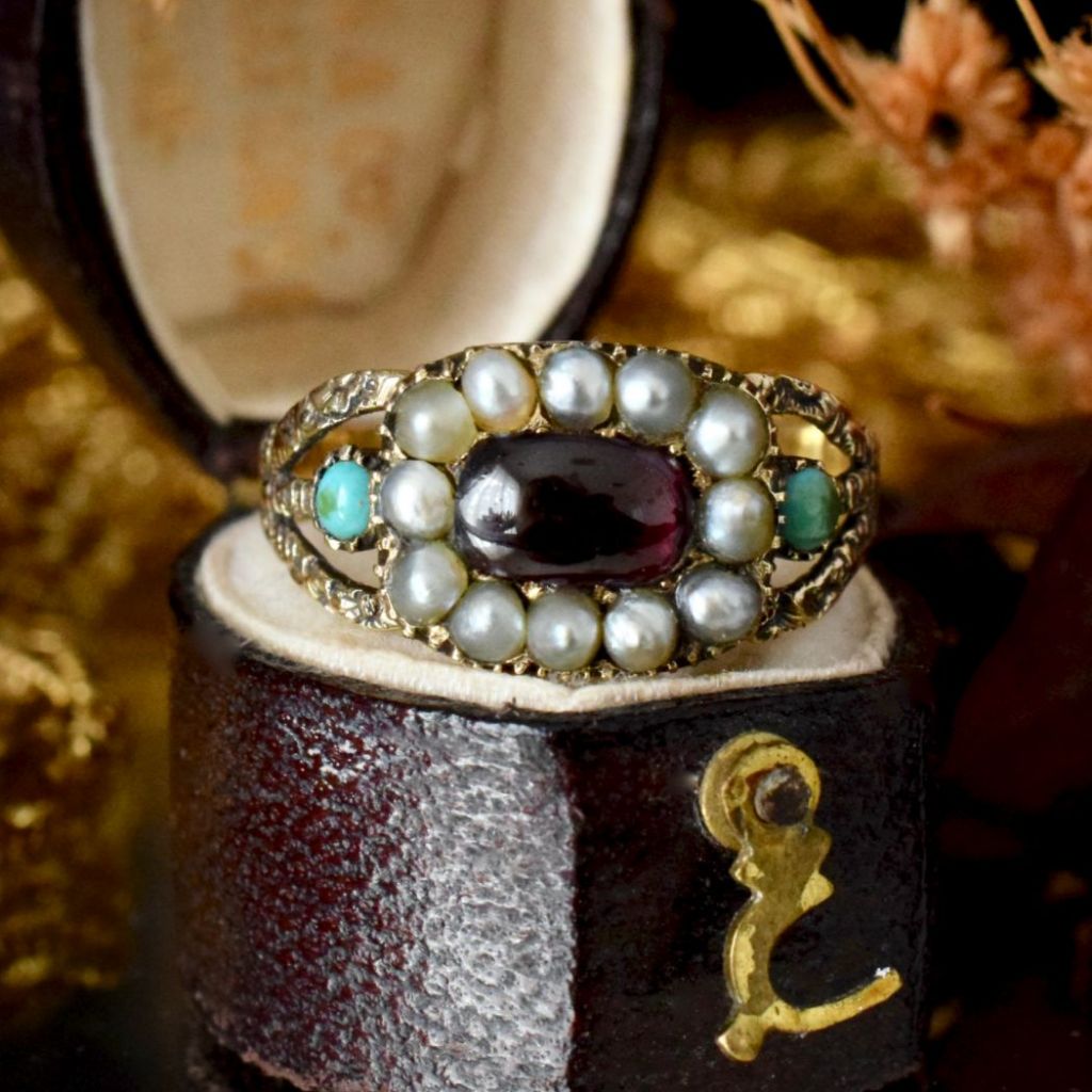 Antique Georgian 15ct Garnet, Seed Pearl, Turquoise Ring Circa 1820