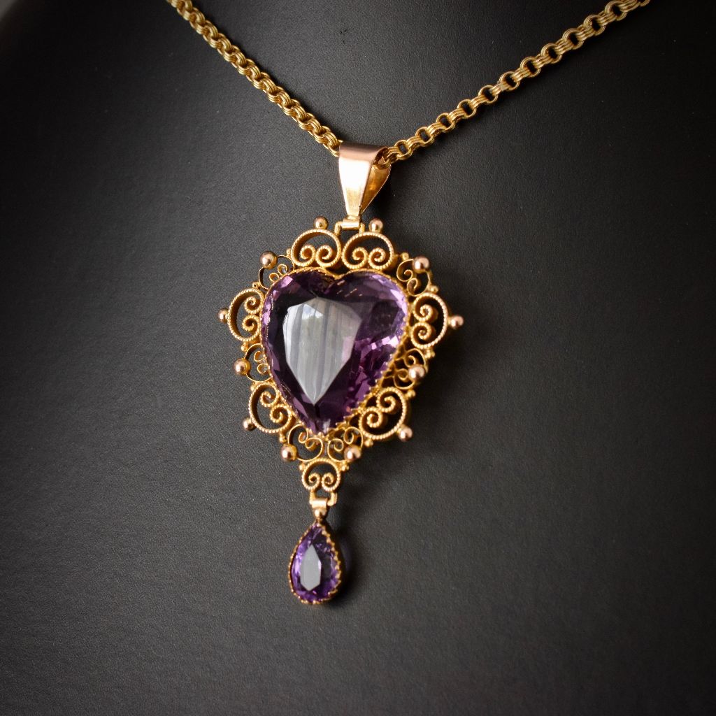 Stunning Late Victorian Heart-Cut Amethyst 9ct Yellow Gold Pendant