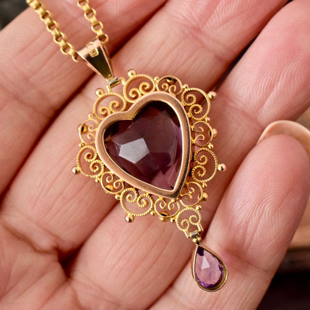 Stunning Late Victorian Heart-Cut Amethyst 9ct Yellow Gold Pendant