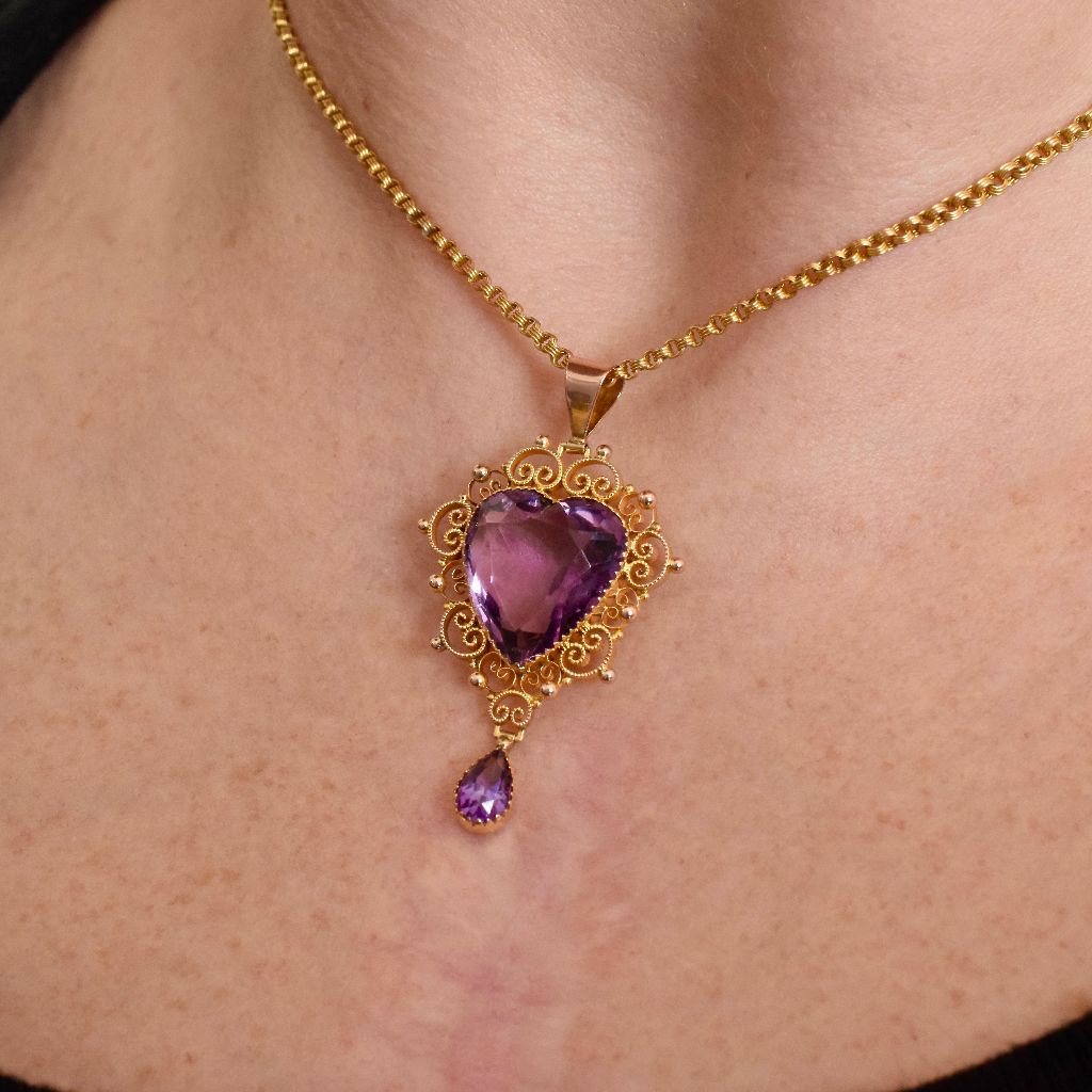 Stunning Late Victorian Heart-Cut Amethyst 9ct Yellow Gold Pendant