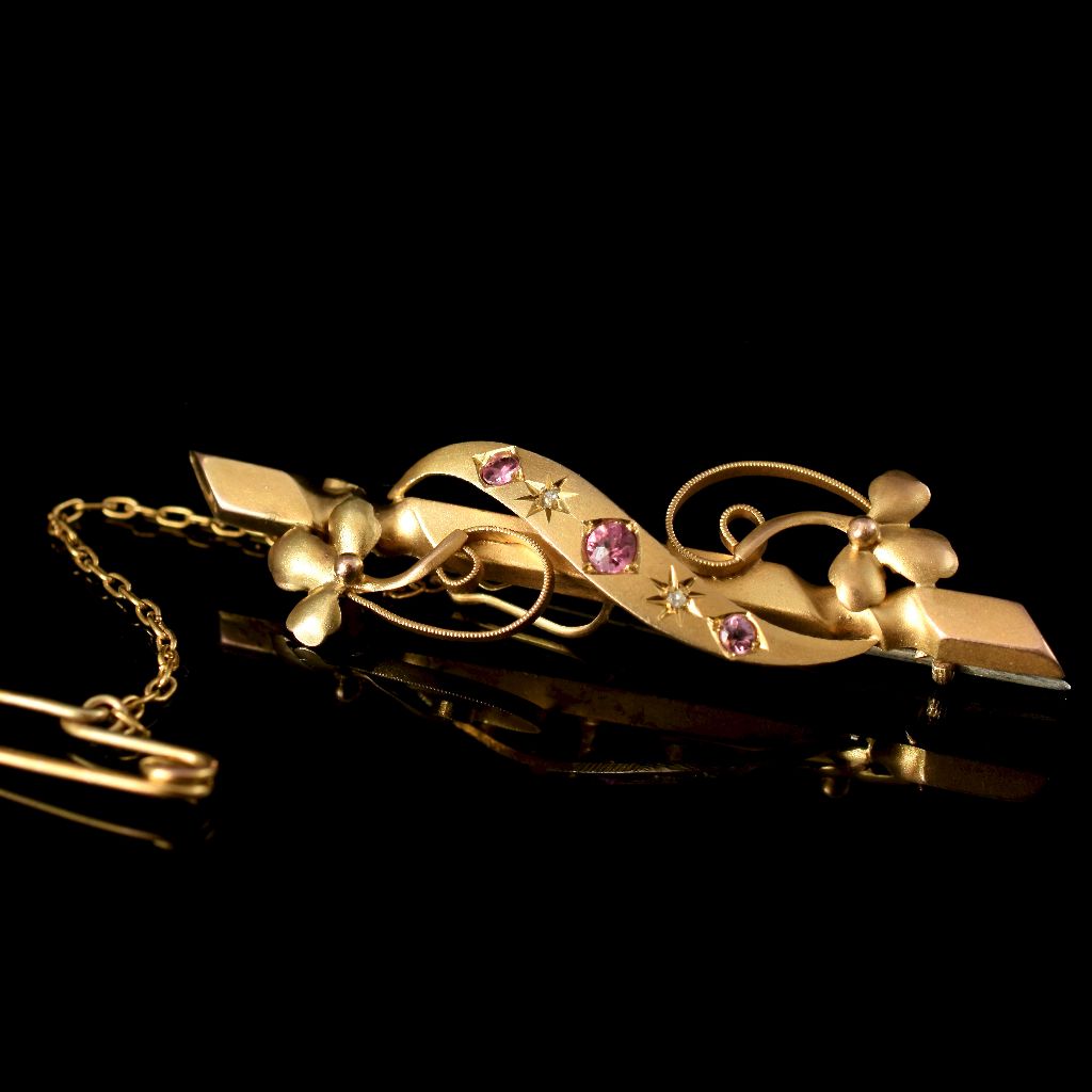Antique Art Nouveau 9ct Gold Pink Sapphire Diamond Brooch Circa 1905