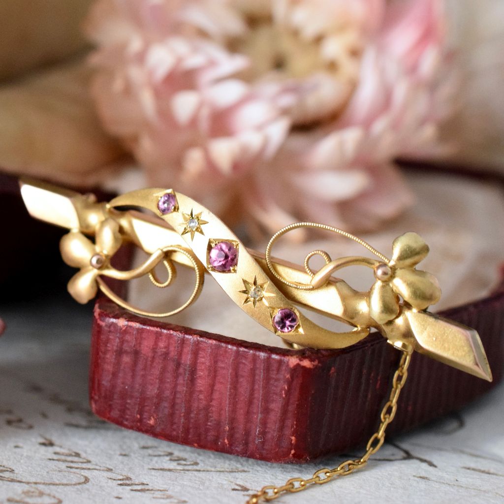Antique Art Nouveau 9ct Gold Pink Sapphire Diamond Brooch Circa 1905