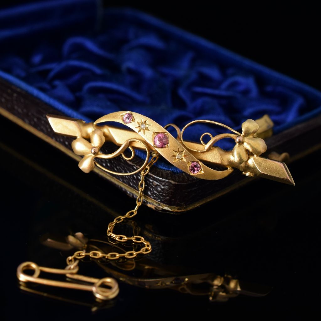 Antique Art Nouveau 9ct Gold Pink Sapphire Diamond Brooch Circa 1905