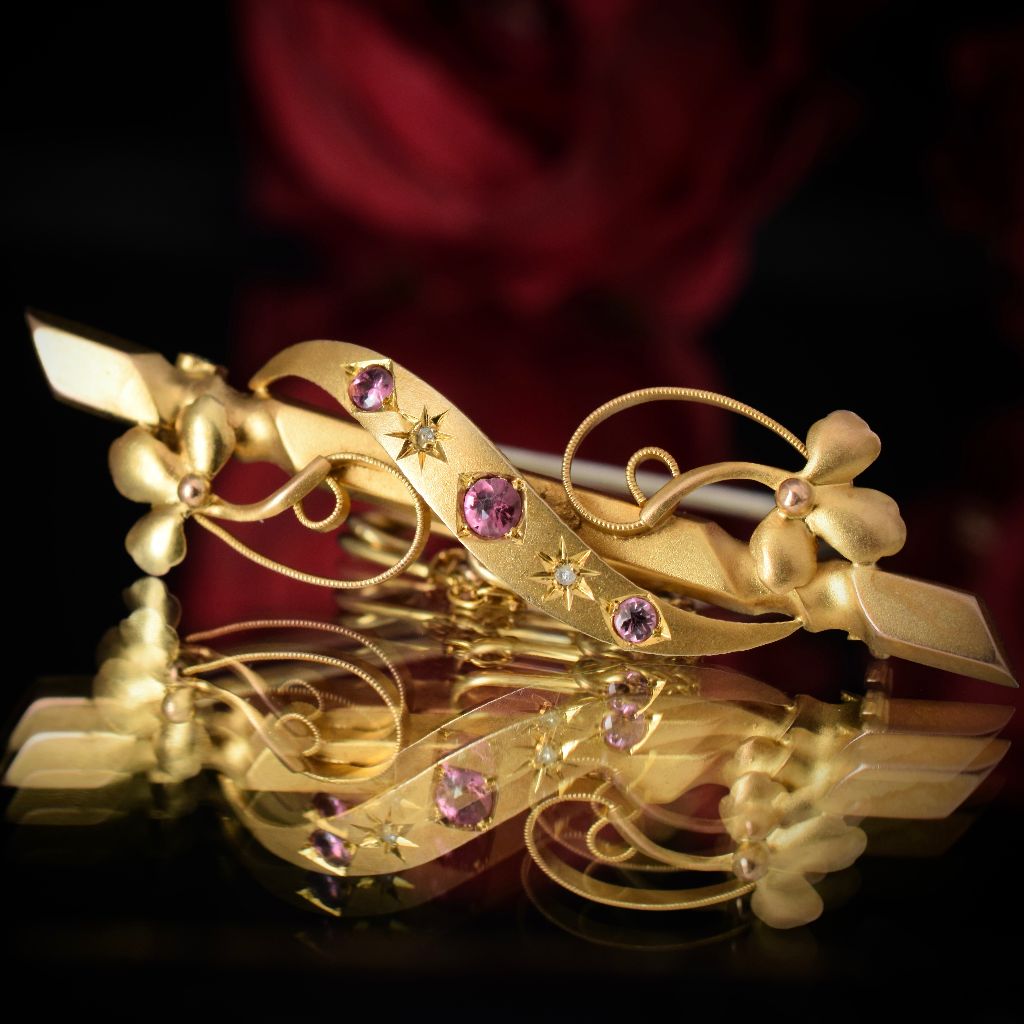 Antique Art Nouveau 9ct Gold Pink Sapphire Diamond Brooch Circa 1905