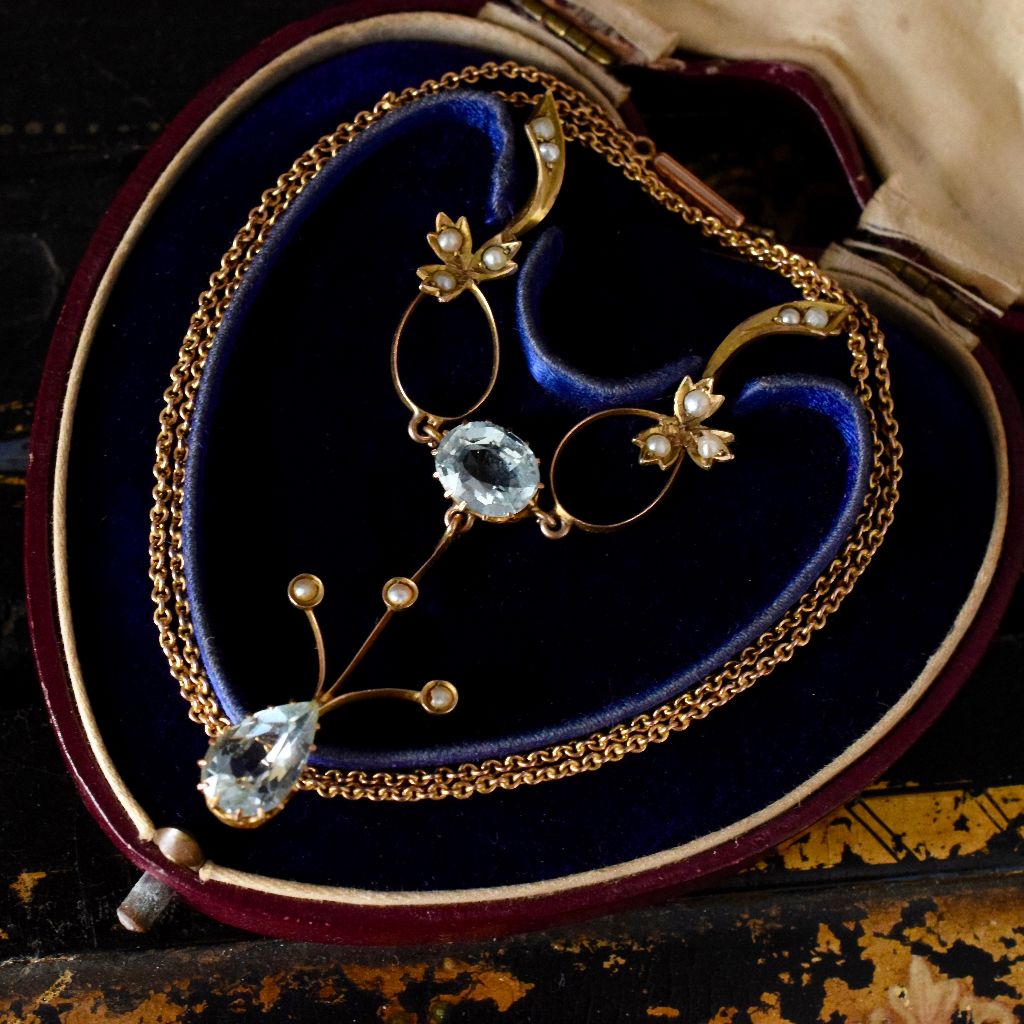 Antique Edwardian Aquamarine Seed Pearl 9ct Gold Willis and Sons Necklace circa 1912