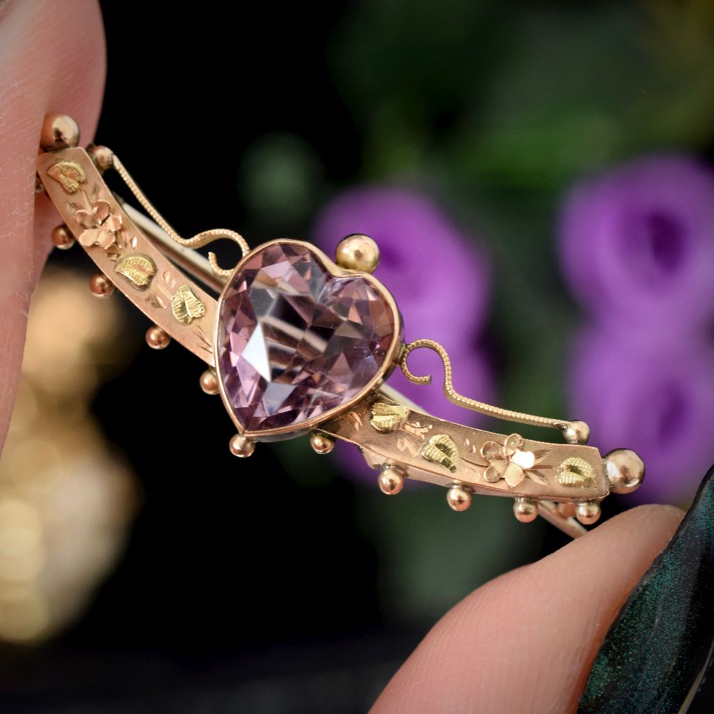 Antique Victorian Amethyst Heart 9ct Rose Gold Brooch 1876