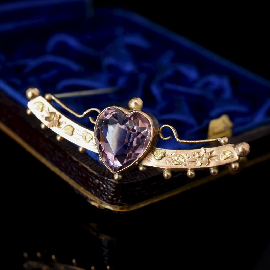 Antique Victorian Amethyst Heart 9ct Rose Gold Brooch 1876