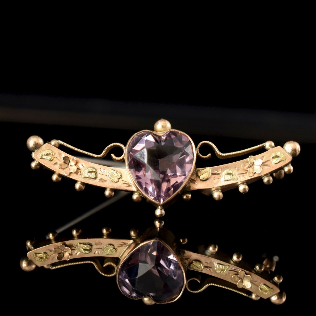 Antique Victorian Amethyst Heart 9ct Rose Gold Brooch 1876