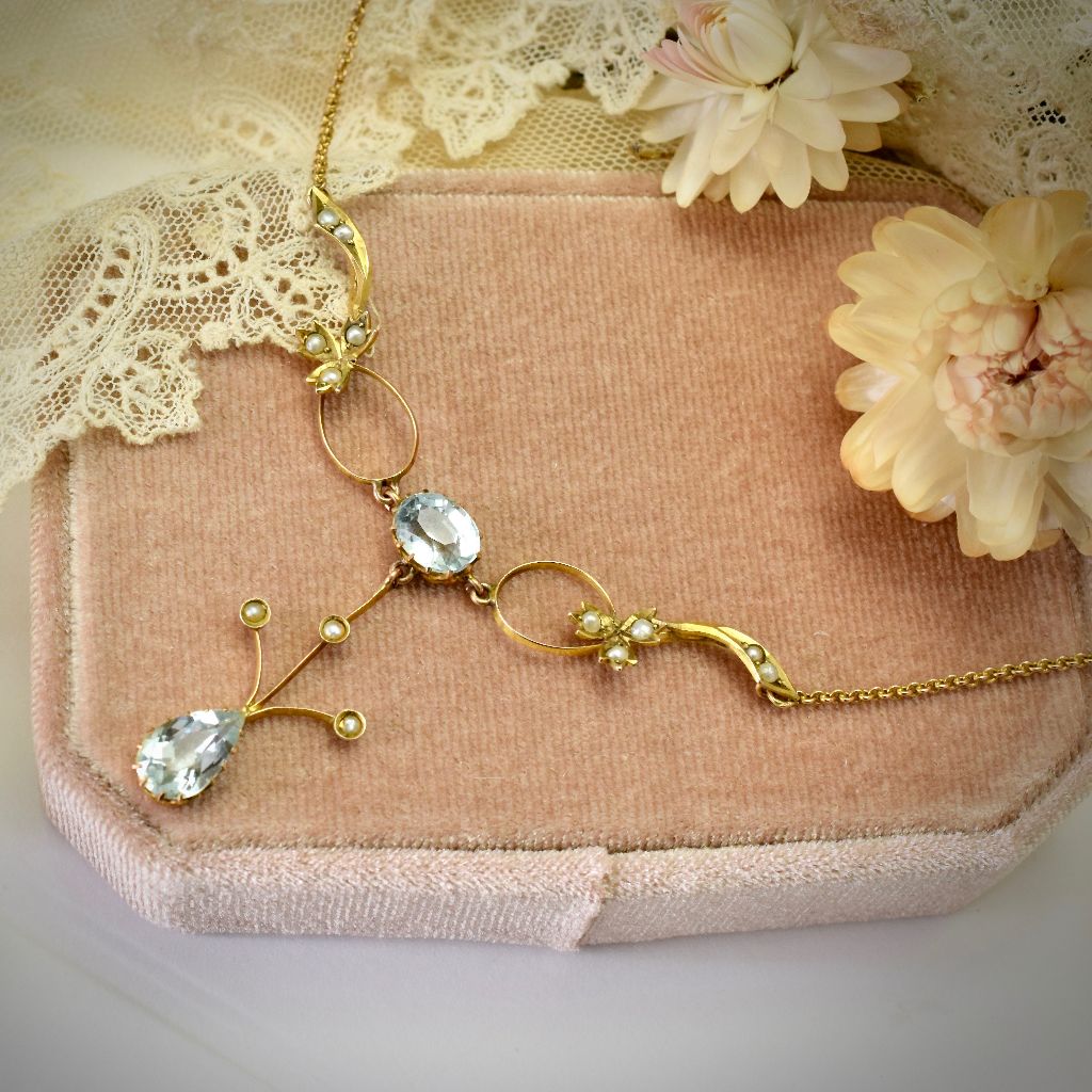 Antique Edwardian Aquamarine Seed Pearl 9ct Gold Willis and Sons Necklace circa 1912