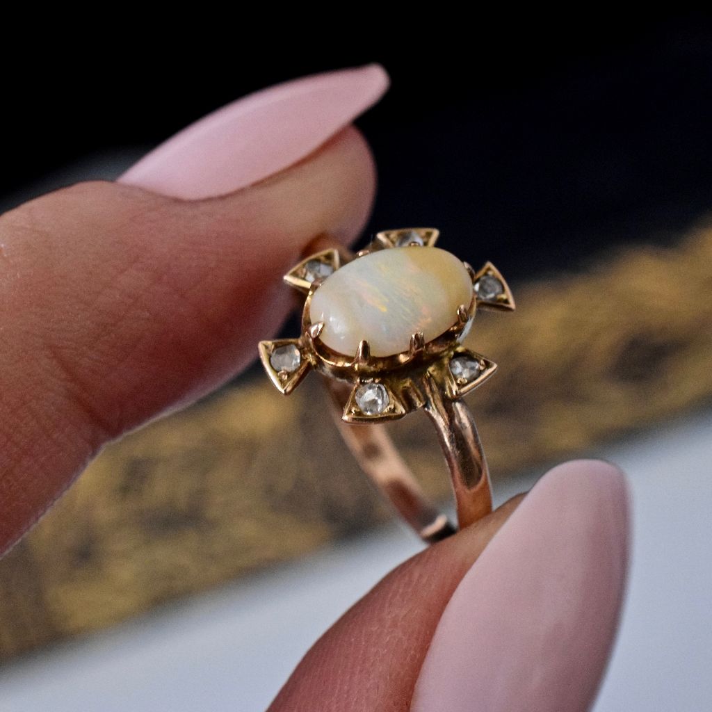 Antique 9ct Rose Gold Opal And Rose-Cut Diamond Ring