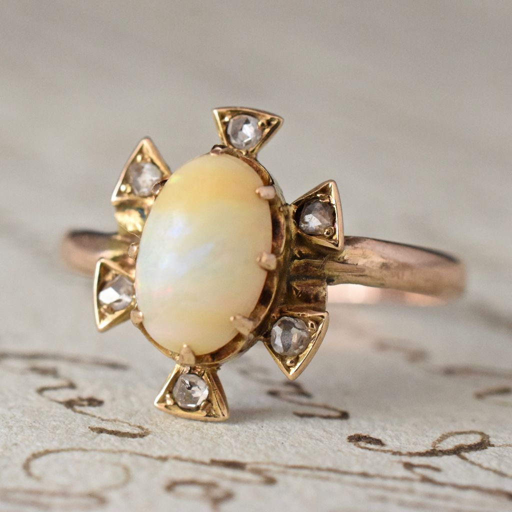 Antique 9ct Rose Gold Opal And Rose-Cut Diamond Ring