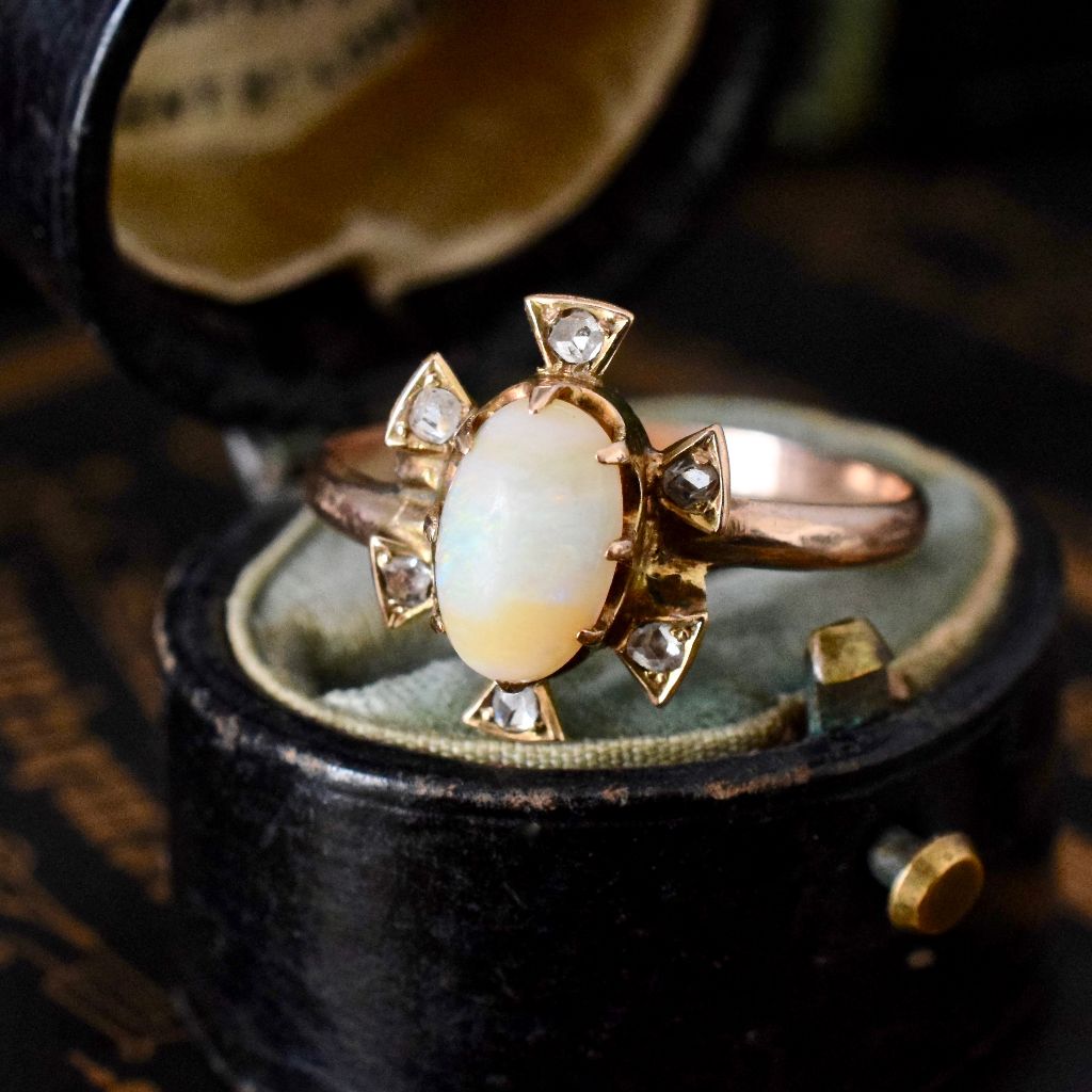 Antique 9ct Rose Gold Opal And Rose-Cut Diamond Ring
