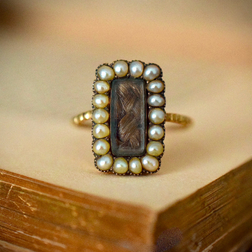 Georgian Natural Seed Pearl Mourning Hair Locket Ring Circa 1820