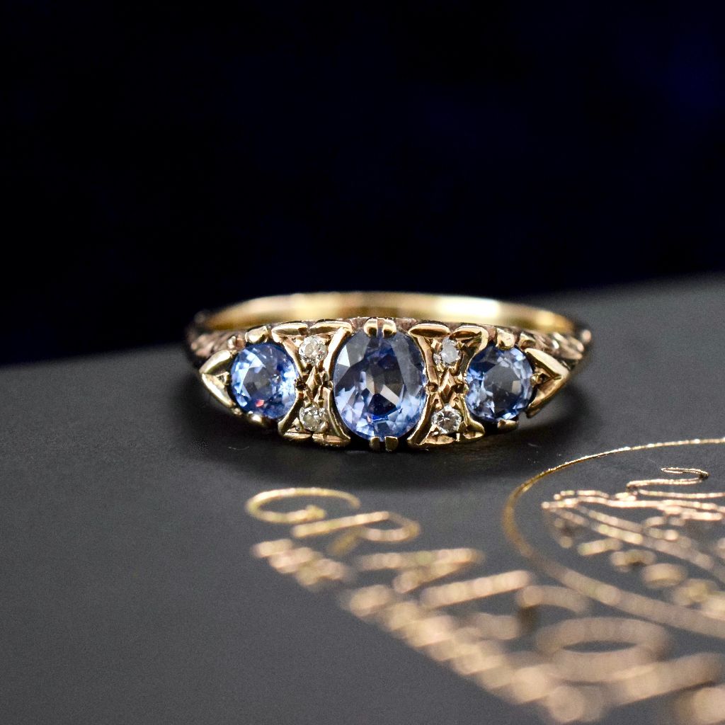 Vintage 9ct Yellow Gold Blue Topaz And Diamond Ring