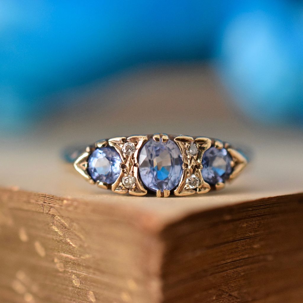 Vintage 9ct Yellow Gold Blue Topaz And Diamond Ring
