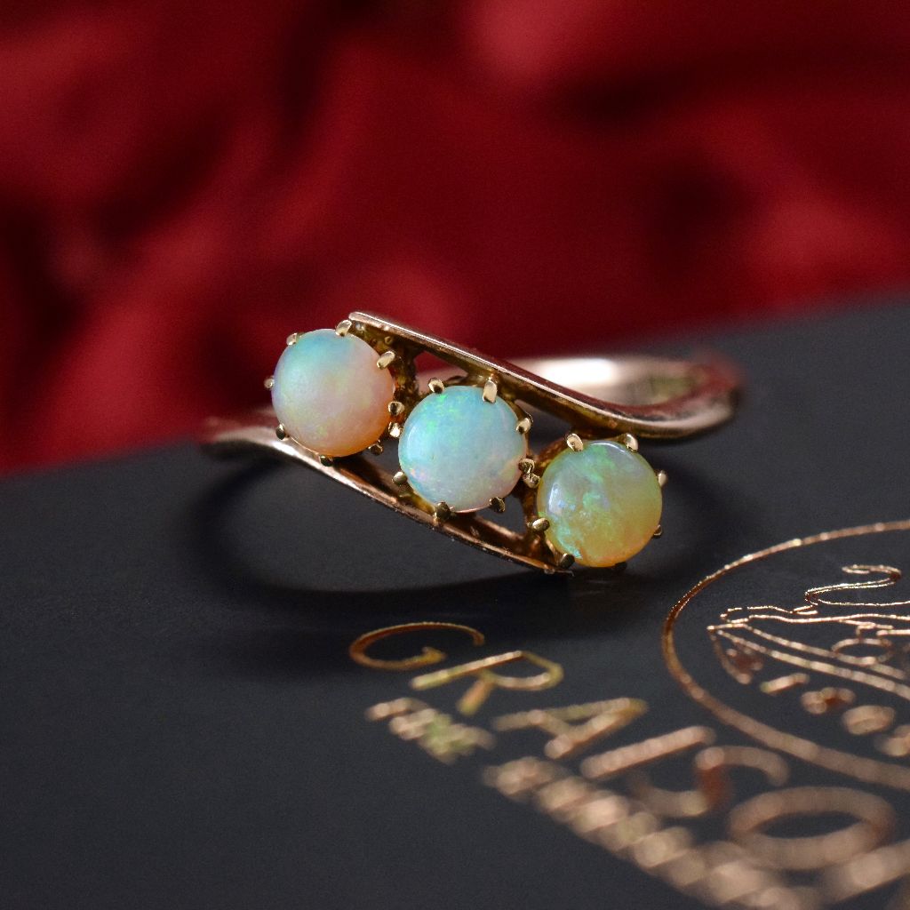Antique / Vintage 9ct Rose Gold Solid Opal Trilogy Ring