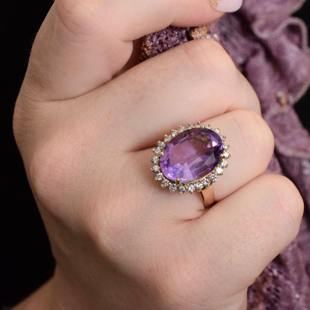 Vintage/Modern 9ct Yellow Gold Amethyst And Diamond Ring
