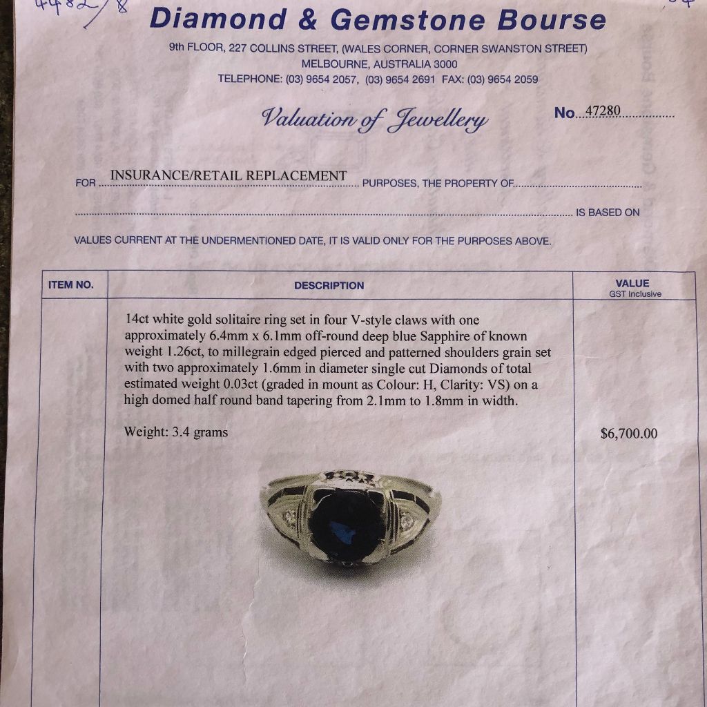 Antique Art Deco 14ct White Gold Natural Sapphire Diamond Ring (Independent valuation included with purchase $6,700)