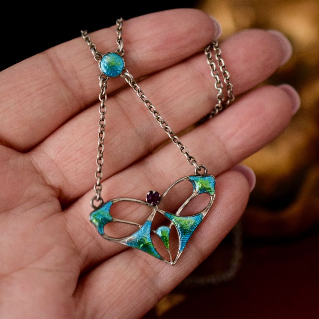 Antique Art Nouveau ‘Charles Horner’ Enamel Sterling Silver Pendant 1908
