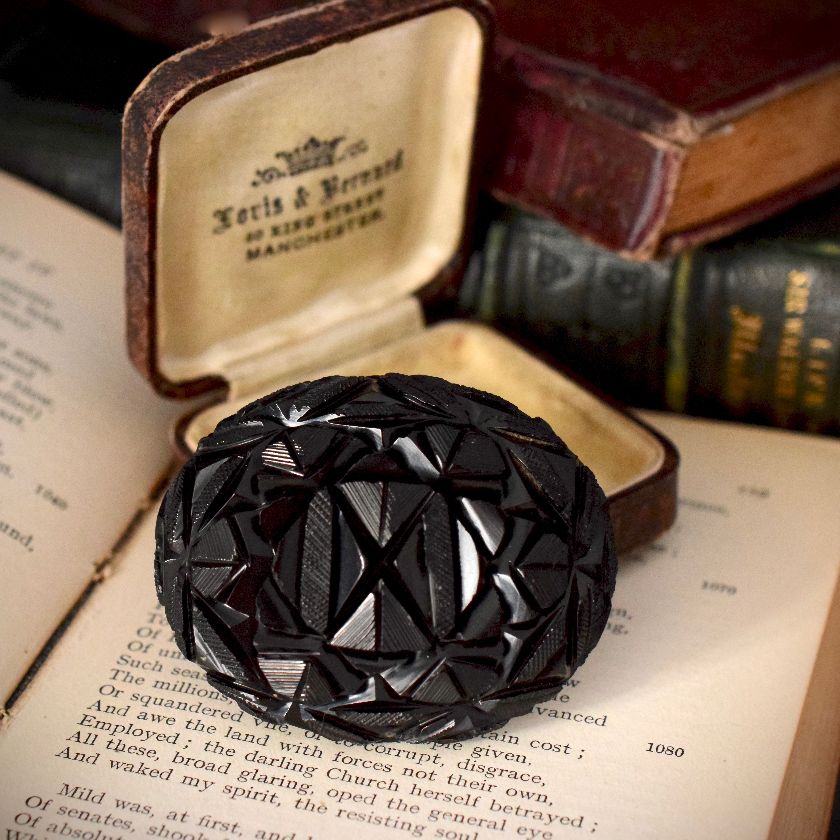 Antique Victorian Whitby Jet Mourning Brooch Circa 1870