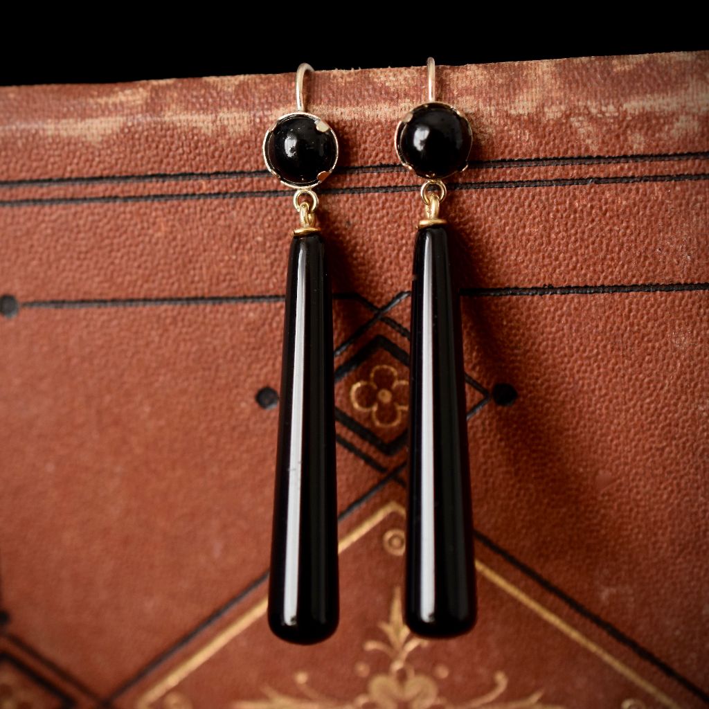 Modern 9ct Yellow Gold Onyx Drop Earrings