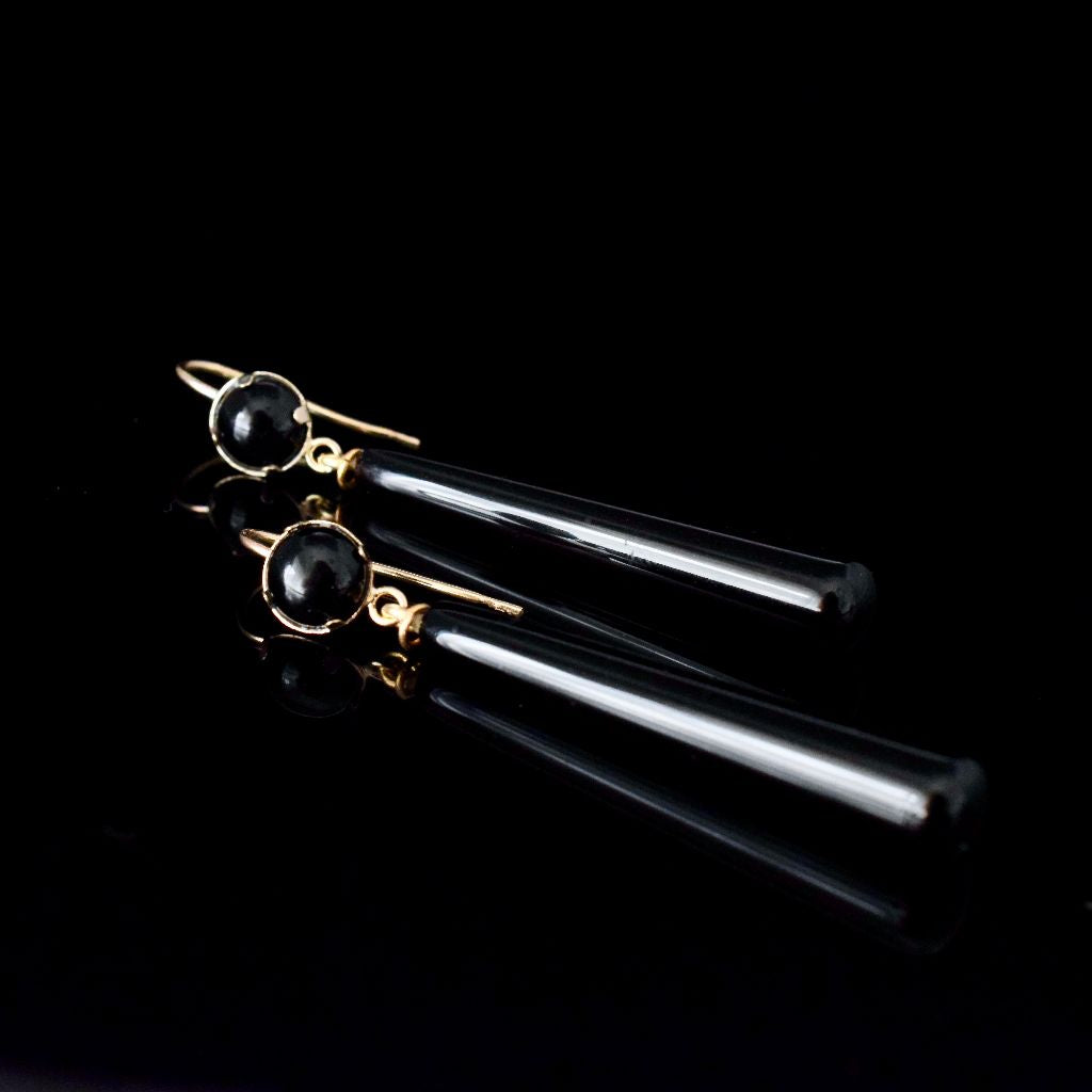 Modern 9ct Yellow Gold Onyx Drop Earrings