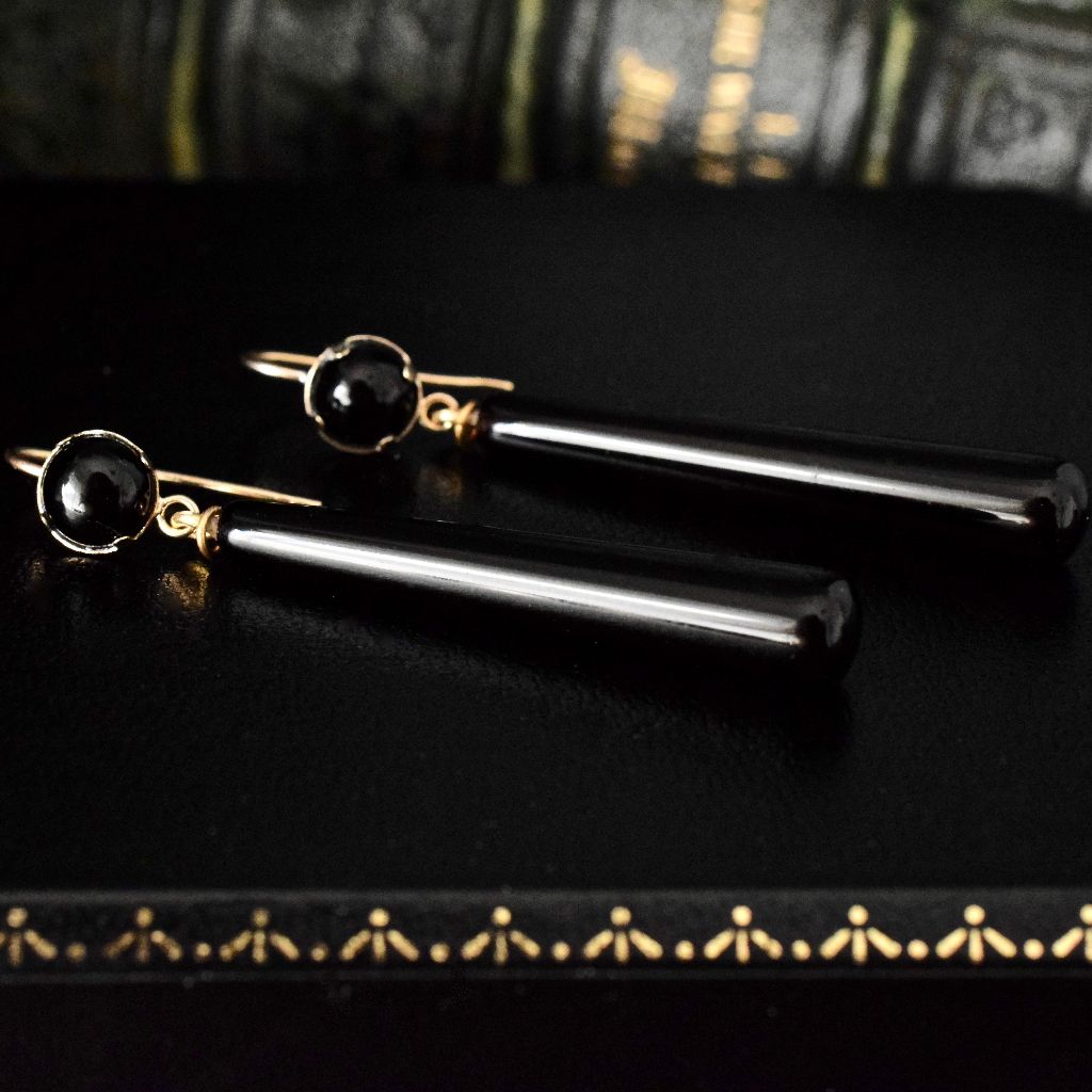 Modern 9ct Yellow Gold Onyx Drop Earrings