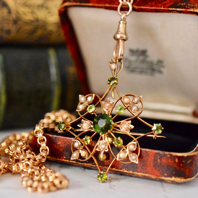Wonderful Green Tourmaline 9ct Yellow Gold Combination Brooch / Pendant Willis and Sons circa 1910