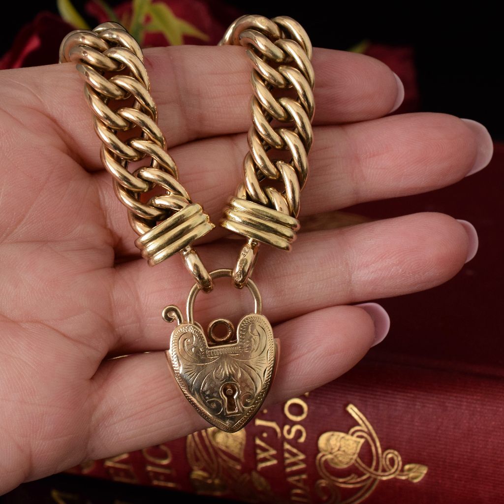 Modern Classic Style Curb Link 9ct Yellow Gold Padlock Bracelet