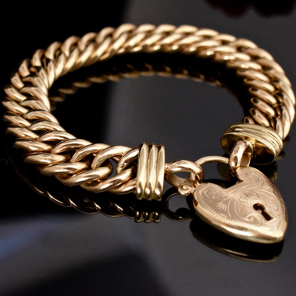 Modern Classic Style Curb Link 9ct Yellow Gold Padlock Bracelet