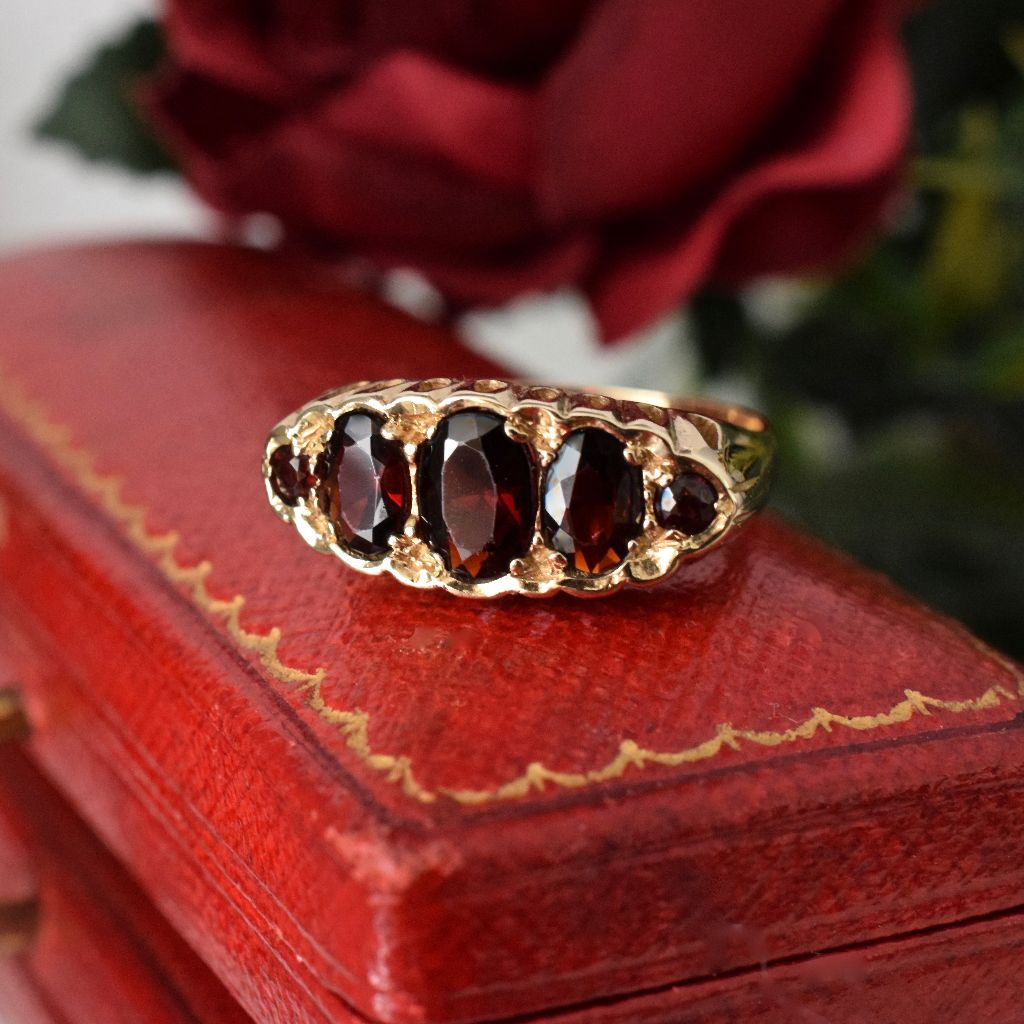 Vintage 9ct Yellow Gold Five Stone ‘Garnet Glass’ Bridge Ring