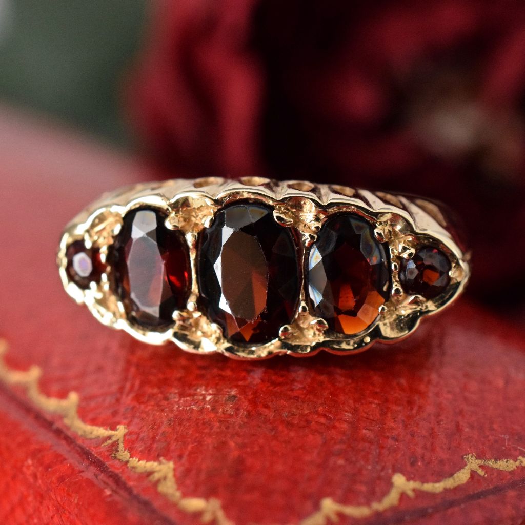 Vintage 9ct Yellow Gold Five Stone ‘Garnet Glass’ Bridge Ring