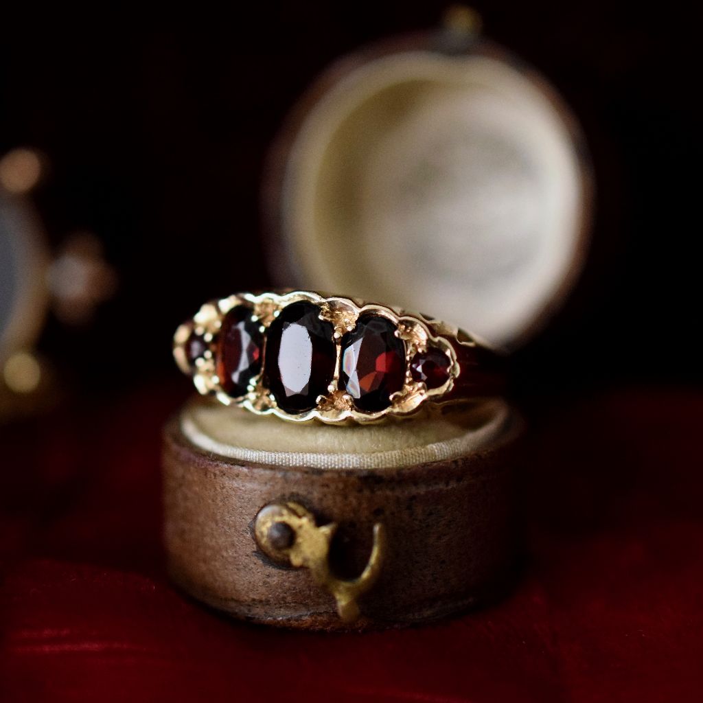 Vintage 9ct Yellow Gold Five Stone ‘Garnet Glass’ Bridge Ring