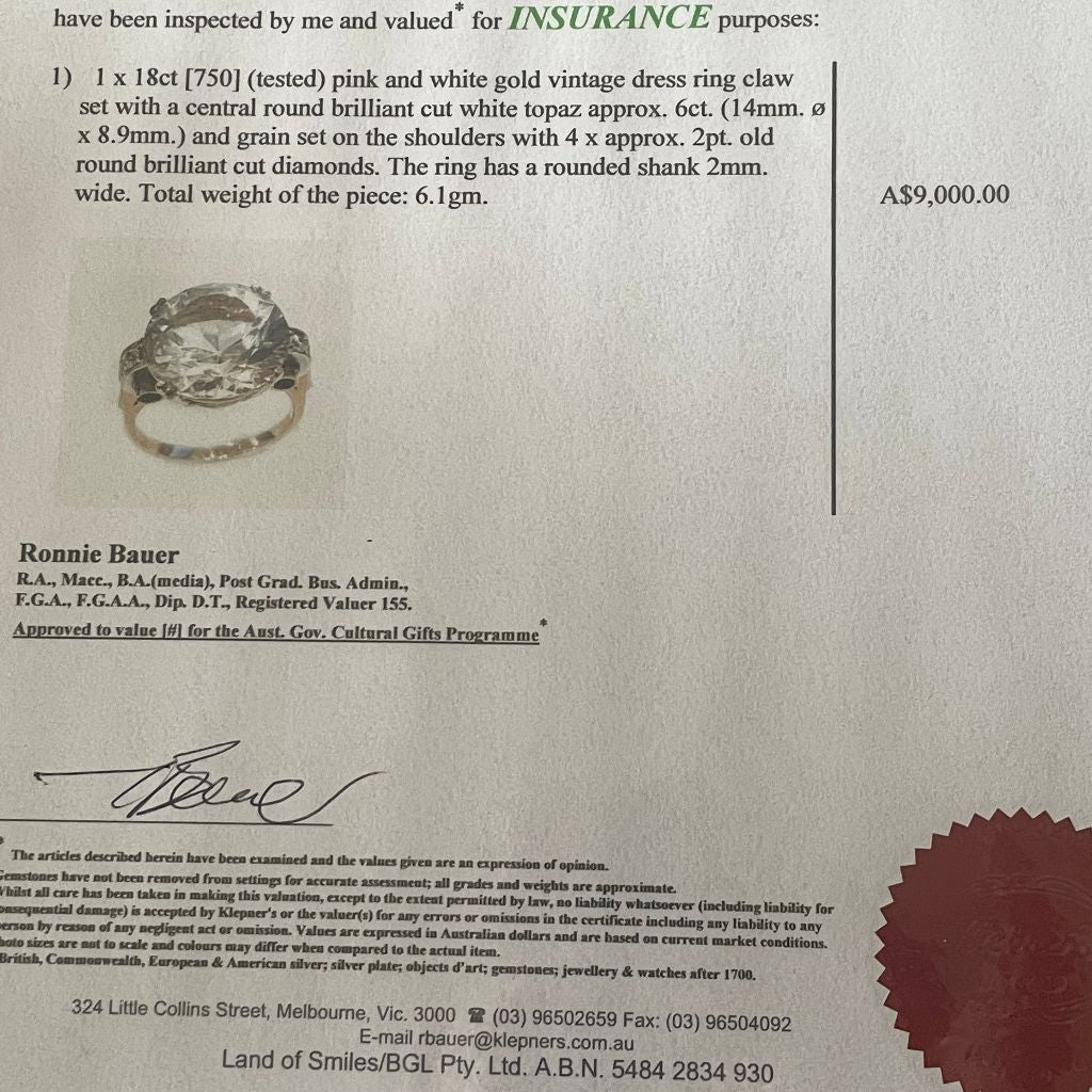 Vintage 18ct Rose Gold Natural Topaz And Diamond Ring Circa 1940’s (Independent Valuation included in purchase for $9000)