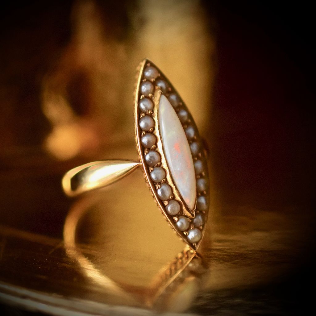 Antique 18ct Yellow Gold Opal And Seed Pearl Ring by George Dresden Circa 1915